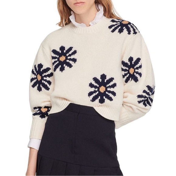 Sandro Cream and Navy Floral Intarsia Sweater - Picture 1 of 13